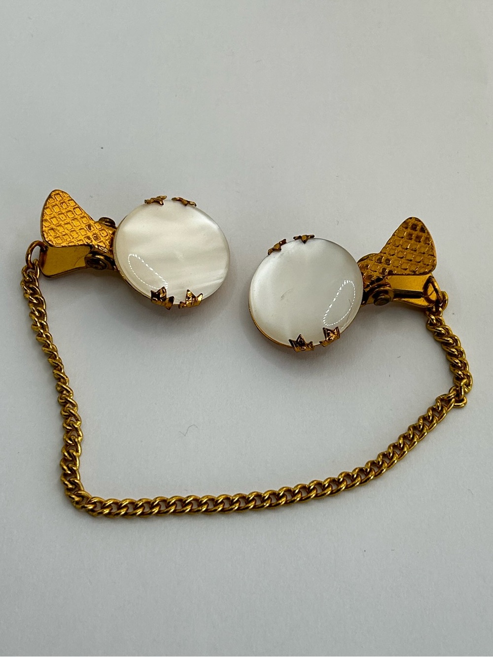 Vintage Sweater Clips with Chain. Mid-century Modern. Gold tone/ moon tone
